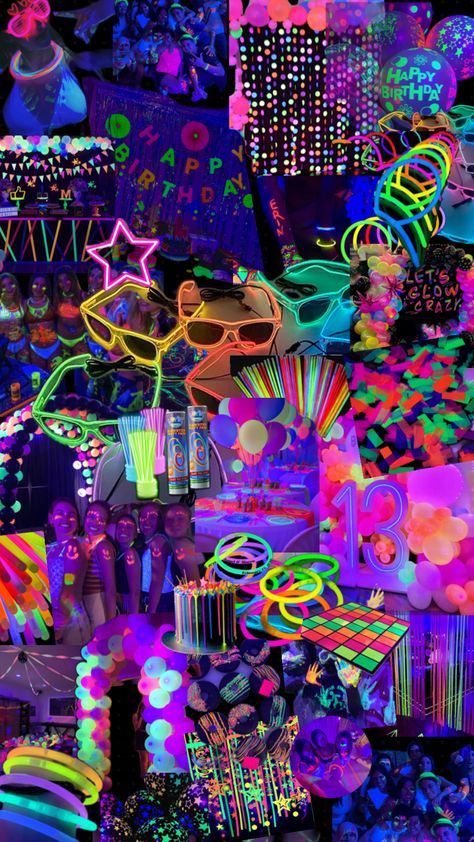 Birthday inspo - glow in the dark party!! - Neo Party Ideas, 16 Birthday Party Glow In The Dark, Birthday Themes Glow In The Dark, 13 Birthday Glow Party, Glow In The Dark Hoco Ideas, Backyard Glow In The Dark Party, Glow In The Dark Homecoming Theme, Let’s Glow Crazy Party, Glow In The Dark Trampoline Party