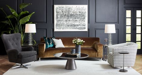 Mitchell Gold + Bob Williams Fall Collection - Marcello Curved Sofa Bronze Sofa, Home Bar Design, Leather Swivel Chair, Mitchell Gold Bob Williams, Mitchell Gold, Interiors Magazine, Floor Standing Lamps, Curved Sofa, Lounge Room