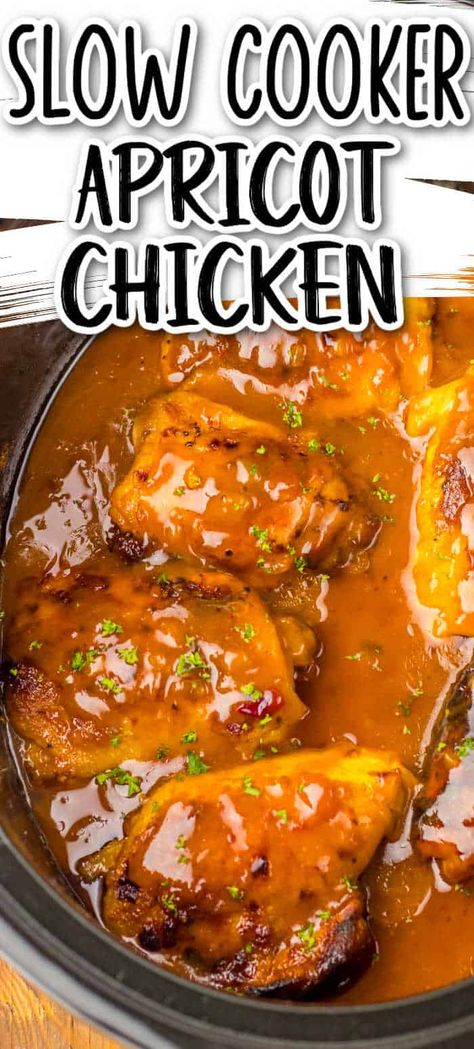 This slow cooker apricot chicken is the perfect blend of a sweet and savory sauce over tender juicy chicken. It is a super easy recipe that comes together in minutes and cooks all day so that dinner is ready at the end of a busy day! Apricot Chicken Breast, Apricot Chicken Slow Cooker, Slow Cooker Apricot Chicken, Apricot Chicken Recipes, Slow Cooker Recipes Beef Stew, Chicken Breast Slow Cooker, Crockpot Chicken Thighs, Chicken Crockpot Recipes Easy, Apricot Chicken