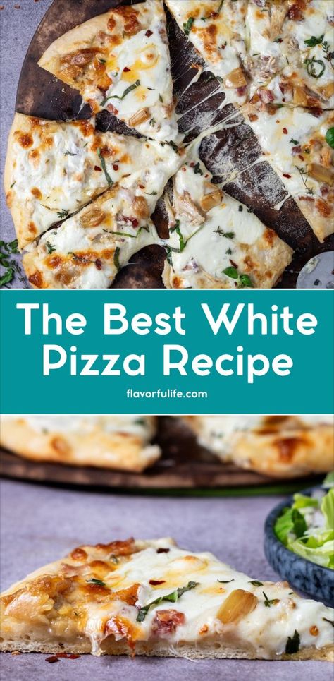 Parmesan White Sauce, Roasted Garlic Pizza, Homemade White Pizza, White Sauce Pizza Recipe, Garlic Sauce For Pizza, White Pizza Recipe, White Pizza Sauce, Simple Pizza, White Pizza Recipes