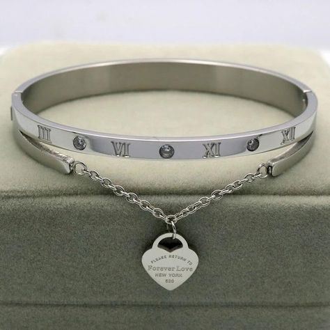 Gold Stainless Steel Hanging Heart Label Forever Love Pulseira Titanium Bangle For Women Bracelet - Tradesy