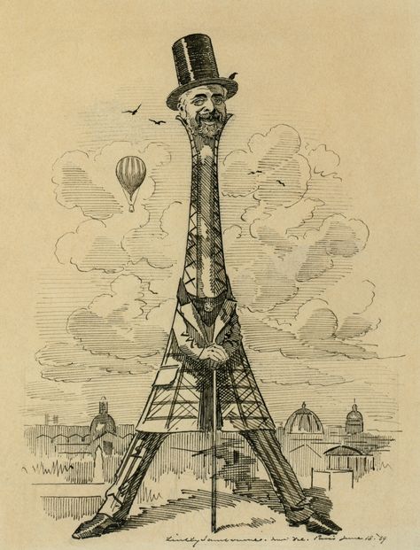 Cartoon of Mr. Eiffel in the shape of his tower. Gustave Eiffel, Stylish Wall Art, The Eiffel Tower, Vintage Art Prints, Visual Artwork, Vintage Cat, Vintage Wall Art, William Morris, Art Vintage