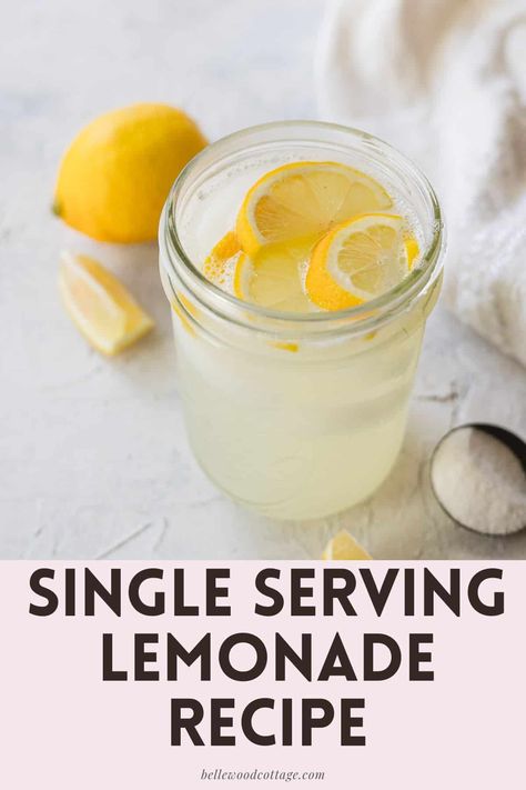 Want just one glass of cold refreshing lemonade? Here's how to make single serving lemonade for one! This simple mason jar lemonade recipe is made with fresh lemon juice, sugar, water, and ice. Use a mason jar or another jar or container with a tight-fitting lid to shake up this homemade treat! Single Serving Lemonade Recipe, Lemonade For One, Lemonaid Recipe, Lemonade With Lemon Juice, Summer Lemonade Recipes, Lemon Shake Up, Mason Jar Lemonade, How To Make Lemonade, Sugar Free Lemonade