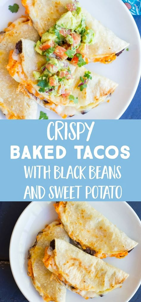 Black Bean Sweet Potato Tacos, Sweet Tacos, Black Bean And Sweet Potato, Bean And Sweet Potato, Black Bean Sweet Potato, Baked Tacos, Sweet Potato Tacos, Potato Tacos, Taco Recipe