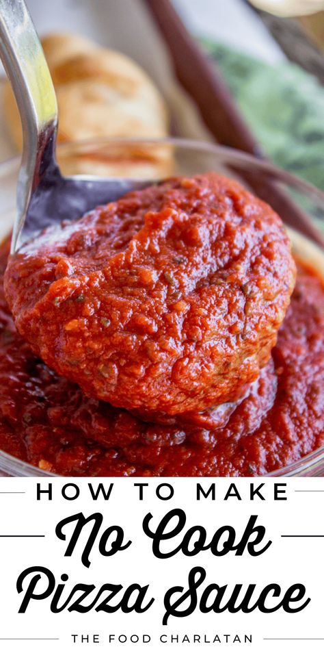 Pizza Sauce (No Cook) from The Food Charlatan. Thick Pizza Sauce, How To Make Your Own Pizza Sauce, Pizza Sauce No Cook, Spicy Pizza Sauce, No Cook Pizza Sauce, Outdoor Pizza Oven Recipes, Pizza Sauce Easy, Side Foods, Delicious Sauces