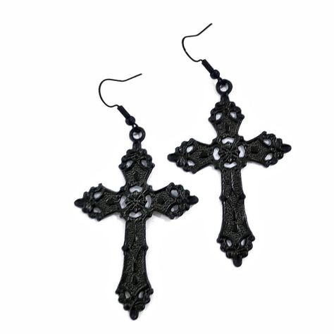 Black Gothic Cross Earrings, Ornate Cross, Gothic Men, Alternative Aesthetic, Gothic Cross, Gothic Crosses, Moon Black, Earrings Aesthetic, Gothic Earrings