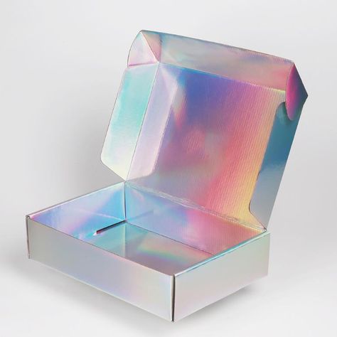 Iridescent Packaging Design, Holographic Box Packaging, Silver Boxes Design, Holographic Packaging Design, Uv Printing Ideas Products, Iridescent Packaging, Hologram Packaging, Holographic Branding, Paper Box With Lid