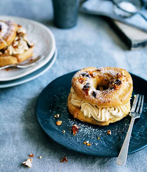 Emma Knowles recipe for Paris-Brest with hazelnut praline cream. French Dessert Recipes, Hazelnut Praline, Paris Brest, French Dessert, Choux Pastry, French Desserts, Creamy Desserts, Sweet Pastries, Köstliche Desserts