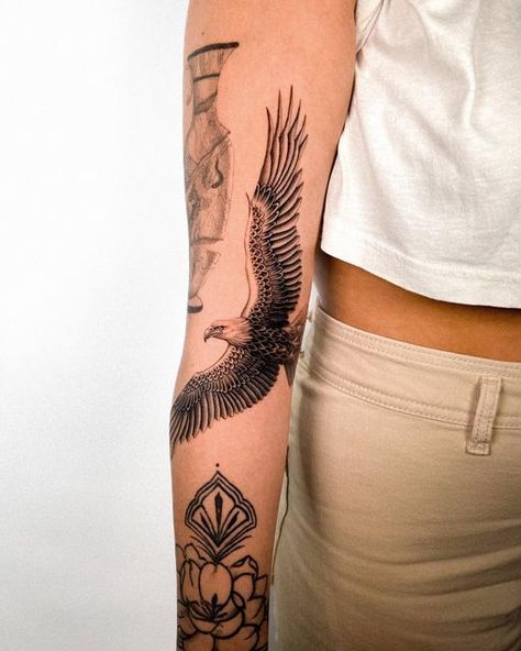 Quarter Sleeve Women Tattoo, Eagle Women Tattoo, Eagle Tattoo Bicep, Unique Eagle Tattoos, Woman Eagle Tattoo, Trachea Tattoo, Women Eagle Tattoo Ideas, Eagle Arm Tattoo For Women, Inner Elbow Tattoo Ideas