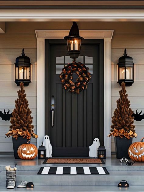 Modern Farmhouse Outdoor Halloween Decor, Halloween Outdoor Porch Decorations, Halloween Fall Front Porch Decor, Halloween Decorations Porch Outdoor, Halloween Decor Exterior, Halloween Witches Decorations Outdoor, Simple Halloween Porch Decor, Modern Fall Front Porch, Halloween Decorations Front Door