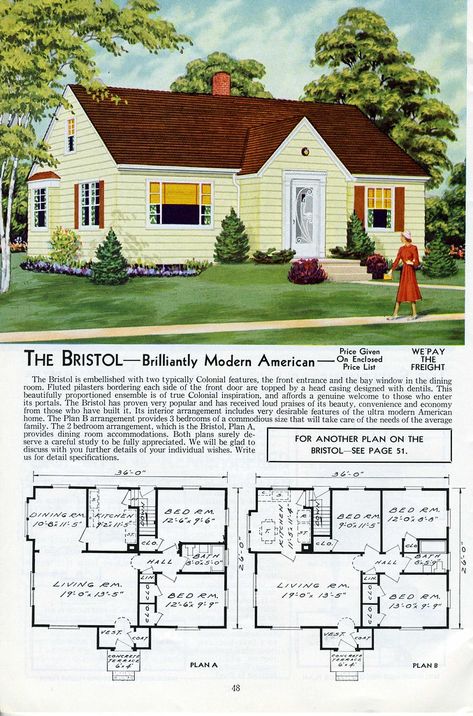 The Bristol - Aladdin 1953 | See more Aladdin Kit Homes from… | Flickr 1940 House, Minimal Traditional, Vintage Floor Plans, Vintage House Plans, Traditional Style Homes, Sims House Plans, Sims House, English Cottage, Kit Homes