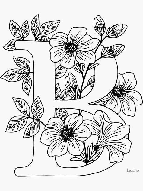 "B - Monogram Floral Botanical" Sticker by leoshe | Redbubble Floral Monogram Letter Embroidery, Pyrography Patterns Printable, Pyrography Patterns Free, Letter Coloring Pages, Beautiful Coloring Pages, Art Coloring Pages, Pyrography Patterns, B Monogram, Adult Colouring Printables