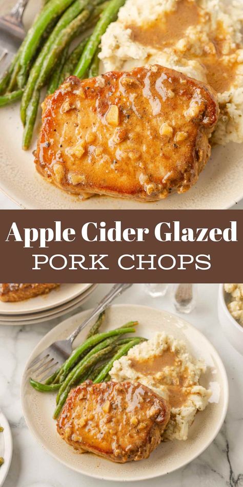 Apple Glazed Pork Loin, Cast Iron Pork Chop Recipes, Apple Cider Vinegar Glaze, Pork Chops Apple Cider, Apple Glazed Pork Chops, Pork Chop Apple Recipes, Fall Pork Chop Recipes, Apple Cider Pork Loin, Pork Chop Apple