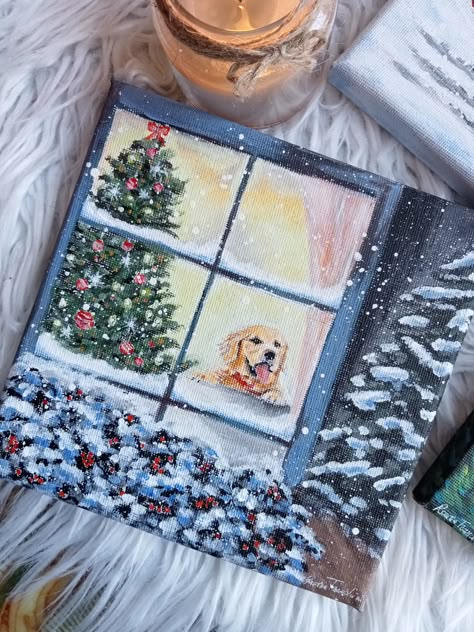 #painting #christmas #dog #art #artist #artwork Acrylic Painting Canvas Christmas, Christmas Gift Painting Ideas, Painting Portraits Acrylics, Paintings As Gifts, Christmas Dog Painting, Mini Canvas Christmas Paintings, Aesthetic Christmas Painting, Art Projects High School, Dog Acrylic Painting