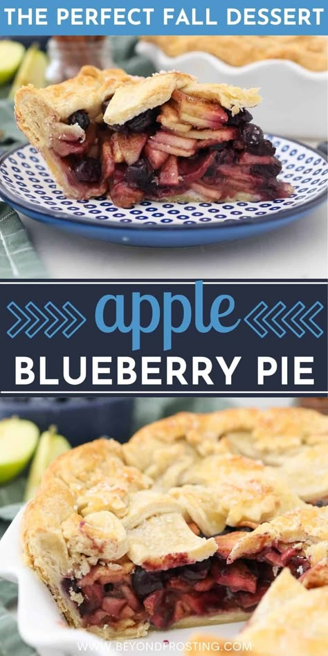 This Apple Blueberry Pie is a twist on the classic apple pie recipe. The apples and blueberries are covered with cinnamon, sugar, and a touch of maple syrup. Plus a step-by-step tutorial for the lattice crust. Blueberry Apple Pie, Apple Blueberry Pie, Classic Apple Pie Recipe, Apple Blueberry, Classic Apple Pie, Blueberry Pie Filling, Easy Pie Recipes, Baked Apple Pie, Blueberry Desserts