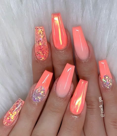 Peach Acrylic Nails, Orange Nail, Ombre Acrylic Nails, Glamorous Nails, Dope Nail Designs, Her Nails, Summer Acrylic Nails, Nail Designs Glitter, Pink Acrylic Nails