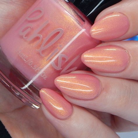 Coral Shimmer Nails, Peach Sparkly Nails, Soft Coral Nails, Pink Pearlescent Nails, Peach Glitter Nails, Peach Chrome Nails, Coral Chrome Nails, Deb Nails, Golden Afternoon