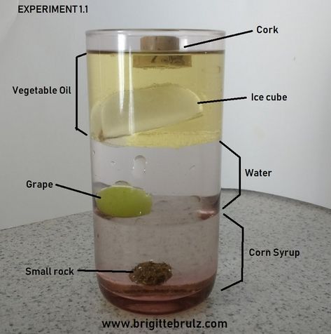 Simple Science Experiment: Density – Brigitte Brulz Density Science Experiments, Density Experiment For Kids, Science Projects Ideas, Chemistry Science Fair Projects, Simple Science Experiments For Kids, Density Experiment, Simple Science Experiments, Vetenskapliga Experiment, Biology Experiments