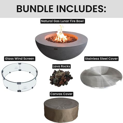 Elementi Lunar Bowl Fire Pit Bundle Outdoor Firepit Set Includes 42” Natural Gas Concrete Firepit Bowl, Glass Windscreen, Stainless Steel Cover, Canvas Cover, Lava Rocks Bowl Fire Pit, Outdoor Propane Fire Pit, Natural Gas Fire Pit, Round Fire Pit, Fire Pit Bowl, Burner Covers, Propane Fire Pit, Fire Pit Patio, Fire Bowls