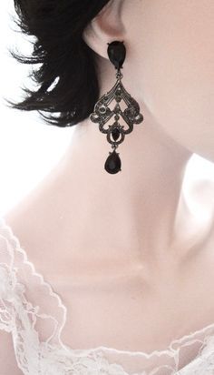 Gothic Wedding Earrings, Goth Wedding Earrings, Black Prom Jewelry, Black Earrings Elegant, Gothic Fashion Victorian, Black Crystal Chandelier, Victorian Gothic Jewelry, Dark Earrings, Boho Wedding Earrings