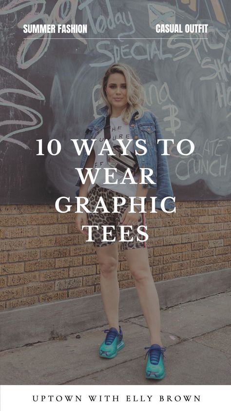 A graphic tee is a must-have in every casual wardrobe. Today Uptown With Elly Brown shares 10 different ways to style a graphic tee this summer. From a casual simple look to an elevated chic outfit, find the perfect way tos tyle your favorite graphic tee with this style guide. Graphic Tees Outfit Ideas, Women Graphic Tee Outfit, How To Wear Tshirt Outfits Style, How To Style A Graphic Tee Outfits, Graphic Tee With Jeans Outfit, Elevated Graphic Tee Outfit, How To Style Tee Shirts Outfit, Band Tee Outfits Fall, How To Style Graphic Tees Outfits