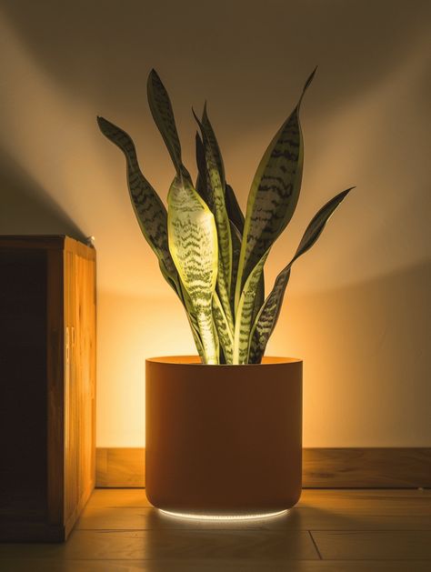 Grow Lights for Snake Plants: LED Light Emitting Diodes Indoor Plant Lighting Ideas Living Room, Plant Uplighting, Indoor Plant Lighting Ideas, Indoor Grow Light Ideas, Zen Balcony, Indoor Floor Plants, Indoor Plant Lights, Apartment Finds, Indoor Grow Lights