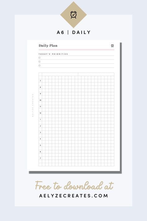 Free A6 Planner Printable Pages - Daily Grid productplannerfree #courseplanner💣. A6 Planner Inserts Free Printables, Free Planner Inserts, Simple Daily Planner, Daily Work Planner, A6 Planner, Daily Planner Inserts, Daily Planner Printables Free, Free Daily Planner, Aesthetic Planner