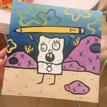 Ronessa Alford Funny Painting Idea, Painting Date Night, Art Spongebob, Bedroom Art Painting, Painting Date, Vinyl Paintings, Pokemon Painting, Spongebob Drawings, Spongebob Painting