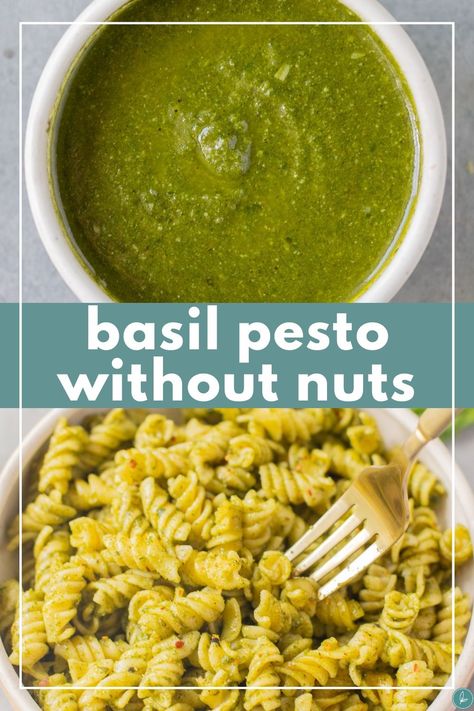 Nut Free Pesto Basil, Pesto Recipe Without Nuts Or Seeds, Easy Pesto Recipe Without Pine Nuts Healthy, Pesto Recipe No Nuts Easy, Basil Pesto No Pine Nuts Recipe, Dairy Free Pesto Recipe, But Free Pesto, Pesto No Nuts Recipe, Pesto No Pine Nuts Recipe