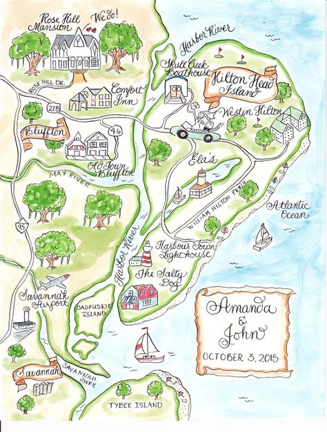 Custom Wedding Map Watercolor Map Saint Simon's Island | Etsy Watercolor Wedding Map, Custom Wedding Map, Destination Wedding Welcome Bag, Map Watercolor, Family Vacation Spots, Hand Drawn Map, Drawn Map, Wedding Map, Wedding Welcome Bags