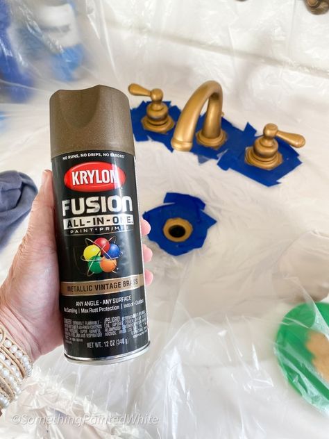 How To Spray Paint Faucets, Spray Paint Sink Faucet, How To Paint Bathroom Faucets, Spray Paint Bathroom Counter, How To Spray Paint Bathroom Fixtures, Paint Faucets Bathroom Fixtures, Spray Paint Towel Bar, Spray Painting Faucets Bathroom, Spray Painting Bathroom Fixtures