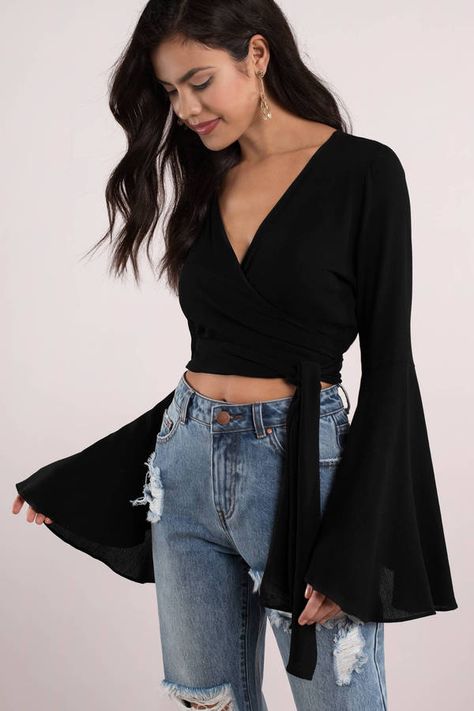 Looking for the Sleeve It To Me Cream Tie Crop Top? | Find Crop Tops and more at Tobi! - 50% Off Your First Order #shoptobi Long Sleeve With Jeans, Black Off Shoulder Top, Black Long Sleeve Crop Top, Bell Sleeve Crop Top, Crop Top Long Sleeve, Country Style Outfits, Cropped Shirts, Casual Skirt Outfits, Tie Crop Top