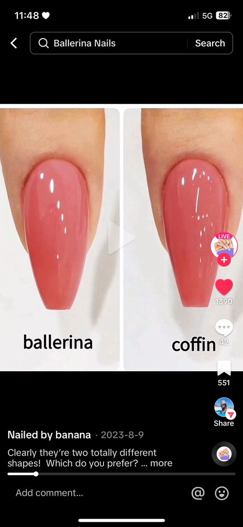 Coffin Or Ballerina Nails, Ballet Slipper Nails Shape, Fall Ballerina Shaped Nails, Ballerina Nails Short Fall, Ballerina Shape Nails Designs, Coffin Vs Ballerina Nails, Ballerina Vs Coffin, Short Ballerina Nails Designs, Ballerina Shape Nails