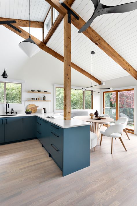 Wooden Ceiling Kitchen, Kitchen With Post, Post And Beam Kitchen, Post And Beam Interiors, Cathedral Ceiling Kitchen, Updated Cabin, Beam In Kitchen, Modern Post And Beam, Post And Beam Homes