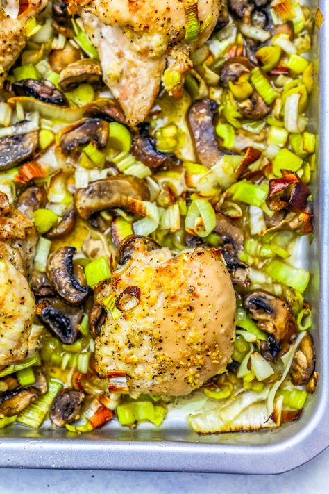 Easy Sheet Pan Oven Roasted Chicken and Leeks Recipe - Perfect for Saint Patricks Day or a delicious, healthy weeknight dinner - this Easy Sheet Pan Oven Roasted Chicken and Leeks Recipe is simple, delicious, and a huge hit for the whole family! Almost no cleanup and tons of flavor on just one sheet pan! #easysheetpanovenroastedchickenandleeksrecipe #maindishes Microbiome Foods, Recipes Using Chicken Thighs, Chicken And Leeks, Chicken And Leek Recipes, Leek Chicken, Recipes Using Chicken, Irish Chicken, Leeks Recipe, Inflammatory Meals