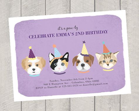 This listing is for a birthday invitation and/or thank you note design that will be customized for you and delivered via email. No printed Dog Party Invitations, Kitten Birthday Party, Cat Themed Birthday Party, Puppy Birthday Parties, Kitten Birthday, Cat Birthday Card, Cat Birthday Party, Dog Birthday Party, Puppy Birthday