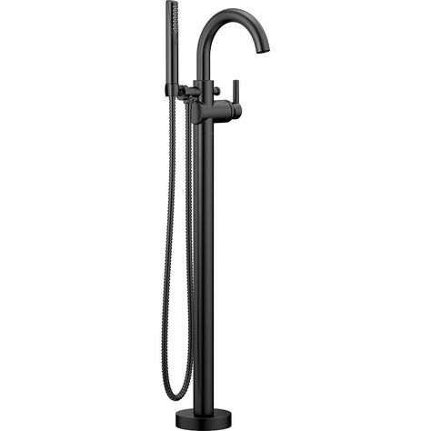 Delta Trinsic Floor Mount Tub Filler Trim, Matte Black (Valve Sold Separately) | The Home Depot Canada Delta Tub, Floor Mount Tub Filler, Delta Trinsic, Modern Tub, Freestanding Bathtub Faucet, Freestanding Tub Faucet, Freestanding Tub Filler, Roman Tub Faucets, Tub Cleaner