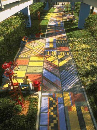 Week 10: This colorful pedestrian road also provides niches for people to sit at to enjoy the view Colorful Walkway, Pavement Design, Paving Pattern, Paving Design, Street Painting, Landscape Elements, Urban Furniture, Urban Park, Landscape Architects