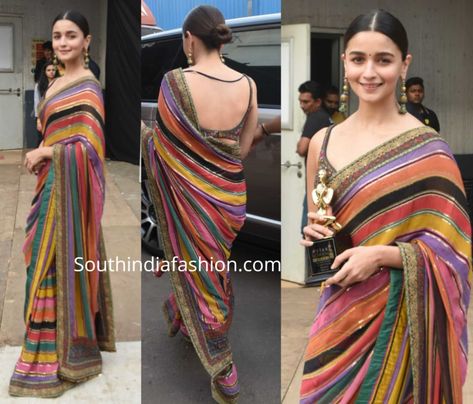 alia bhatt in striped sabyasachi saree at star screen awards 2019 Sabyasachi Sarees, Pure Chiffon Sarees, Saree Blouses Designs, Indian Sari Dress, Blouses Designs, Sari Dress, Indian Saree Blouse, Indian Saree Blouses Designs, Saree Blouse Designs Latest