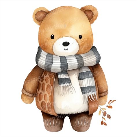 Enjoy the charm of this watercolor-style art featuring an adorable white-bellied teddy bear in a brown jumper and striped scarf, holding a branch adorned with fallen leaves. A delightful glimpse into the autumn season. 🍁🧸 #teddybear #fallart #watercolorart #cuteillustration #autumnvibes #whimsicalart #fallseason #adorable #artisticcharm #seasonalart #fallleaves #cozyillustration #bearart #fallinspiration #autumnal #fallcolors #teddybearlove #illustratedbear #fallflavors #cuteartwork Autumn Nursery, Jacket Png, Autumn Animals, Book Clip Art, Brown Jumper, White Teddy Bear, Whimsical Artwork, Bear Illustration, Cute Teddy Bear