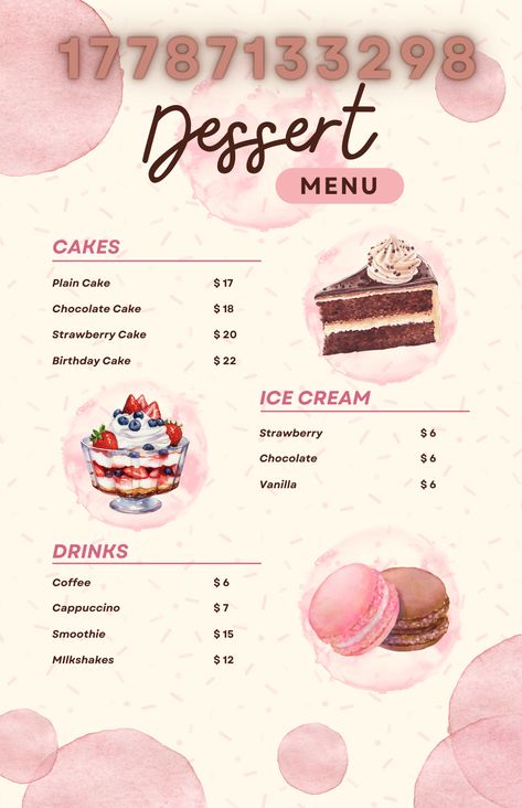 Cute Bloxburg Bakery Ideas, Cafe Design Bloxburg Layout, Bakery Logo Decals Bloxburg, Bloxburg Cafe Decals Codes Pink, Bakery Menu Bloxburg, Cute Pink Bakery, Blush Cafe Bloxburg, Bloxburg Concert, Bloxburg Menu Codes