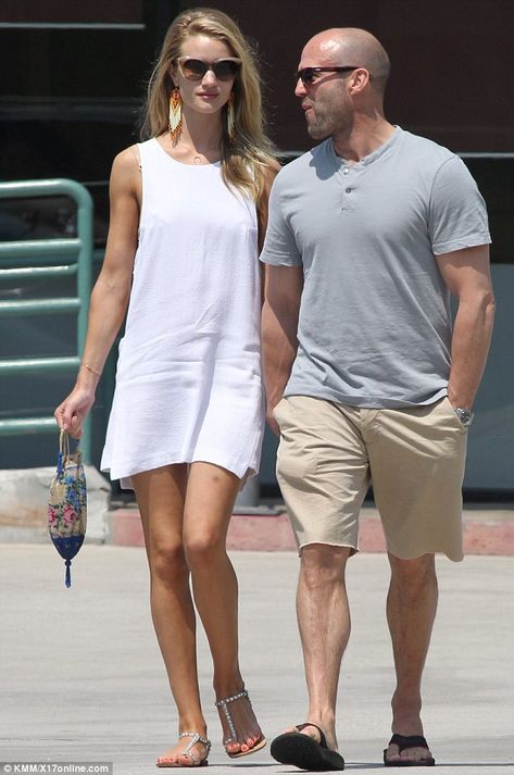 Happy couple: Rosie Huntington-Whitely stepped out in a short white dress on Sunday with boyfriend Jason Statham while shopping in Malibu, California Rosie Hw Street Style, Jason Statham Rosie Huntington, Jason Stratham, Rosie And Jason, Jason Statham And Rosie, Rosie Huntington Whiteley Style, Rosie Hw, Bald Men Style, Simple White Dress