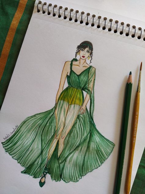 Insta : Kajals_creativity Chiffon Fashion Illustration, Chiffon Dress Drawing, Chiffon Dress Illustration, Fabric Rendering, Fashion Drawing Sketches, Dress Illustration, Fashion Drawing Tutorial, Fashion Illustration Sketches Dresses, Sketches Dresses