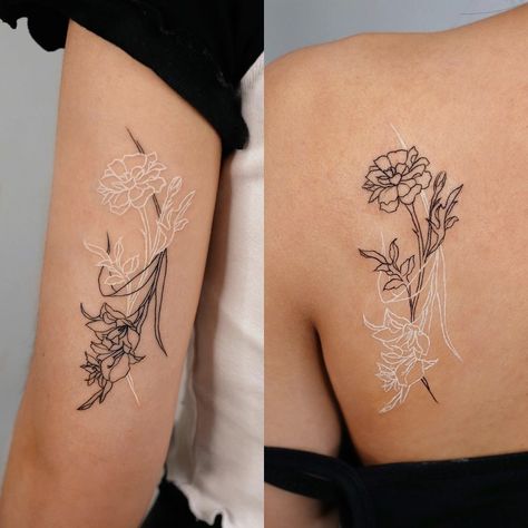 Matching Tattoos Animals, Flower Line Work Tattoo, Friendship Flower Tattoo, Tiny Peony Tattoo, Line Work Flower Tattoo, Tato Naruto, Maching Tattoos, Cute Matching Tattoos, Matching Friend Tattoos