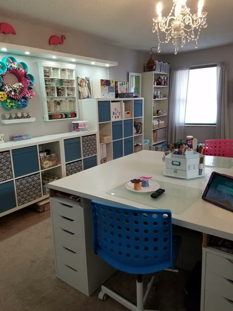 Flower paint storage top left of the pic. Basement Sewing Room, Hobby Room Design, Under Shelf Lighting, Basement Craft Rooms, Sewing Room Inspiration, Small Craft Rooms, Craft Shed, Sewing Room Design, Dream Craft Room