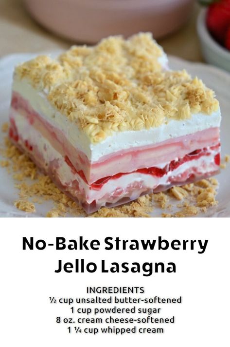 Summer Berry Jello Lasagna, Strawberry Lasagna With Golden Oreos, Strawberry Delight No Bake Dessert, No Bake Strawberry Jello Lasagna, Strawberry Jello Lasagna, Jello Lasagna, Jello Cream Cheese, Oreo White Chocolate, Whipped Cream Strawberry