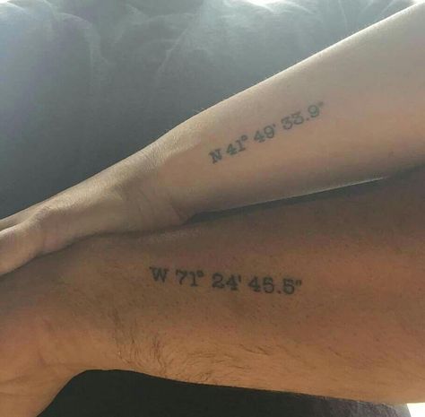 Couple tattoos. ..GPS coordinate if location where we met #coupletattoo #rirairishpub #couplestattoosmatching Typewriter Font Tattoo Forearm, Coordinates Tattoo Placement Arm, Matching Coordinates Tattoo, Wedding Coordinates Tattoo, Coordinates Tattoo Wrist, Location Coordinates Tattoo, Longitude And Latitude Tattoo Couple, Coordinates Tattoo Couples, Coordinates Tattoo Men