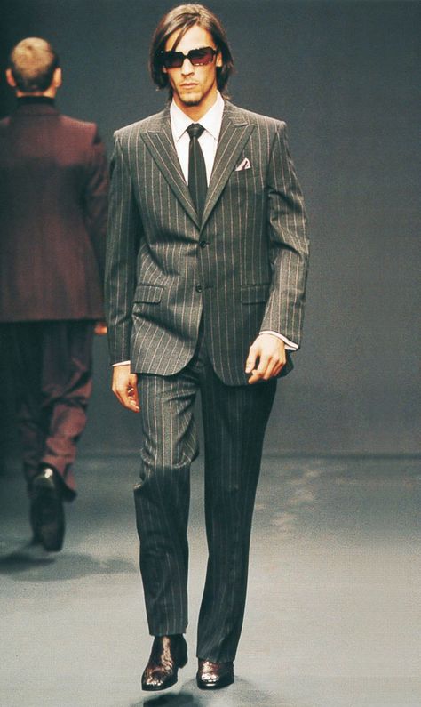 FW 2000 Menswear | PRADA Pin Stripe Suit Mens, 90s Suit Men, Prada Outfit Men, 2000s Runway, Mens Tailored Suits, 80s Suit, 2000s Men, Prada Menswear, 80s Fashion Men