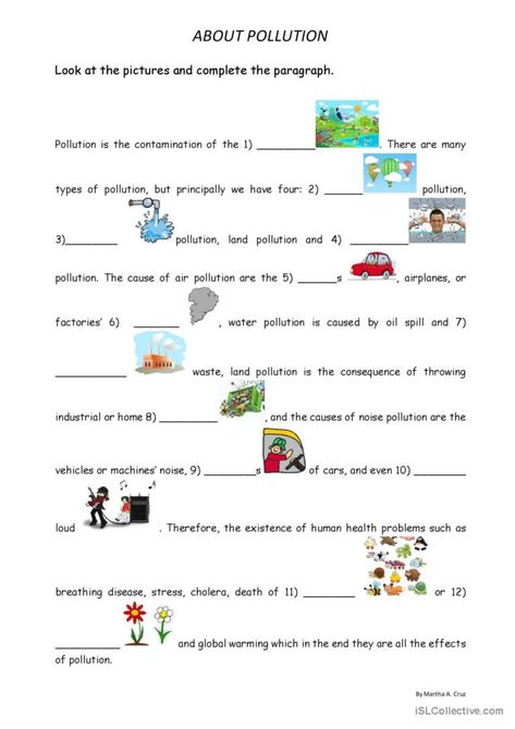 About pollution - English ESL Worksheets for distance learning and physical classrooms Pollution Worksheets For Grade 3, Air Pollution Worksheet, Pollution Activities Worksheets, Types Of Pollution, Causes Of Air Pollution, Pollution Activities, Earth Day Project, Pollution Environment, Everyday Science