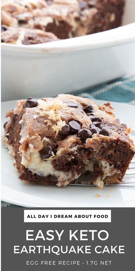 Close up photo of a slice of keto earthquake cake on a white plate, with the pan in the background. Earthquake Cake Recipes, Earthquake Cake, Keto Chocolate Cake, Postre Keto, Low Carb Cake, Sugar Free Cake, Keto Friendly Desserts, Keto Cake, Low Carb Sweets